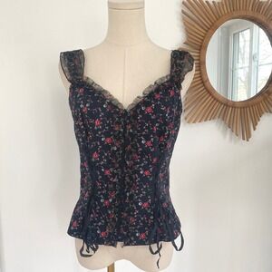 Vintage Y2K Cynthia Steffe Floral Corset Top M Black Mesh Ruched Made in USA